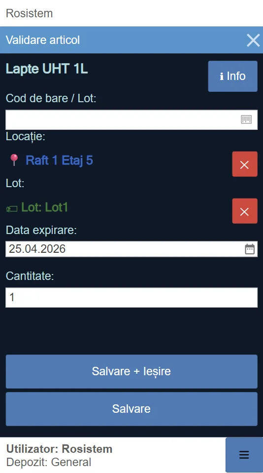 WMS Mobile — Validare articol
